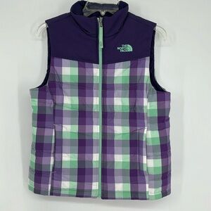 The North Face Girl's Reversible Plaid Puffer Vest Purple Mint White